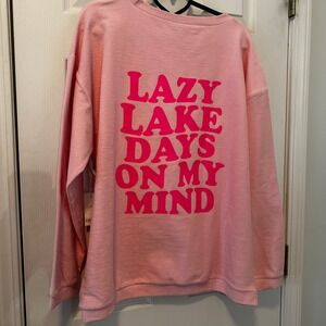 KATYDID Pink Long Sleeve Sweatshirt Lazy Lake Days On My Mind Graphic Top L NEW